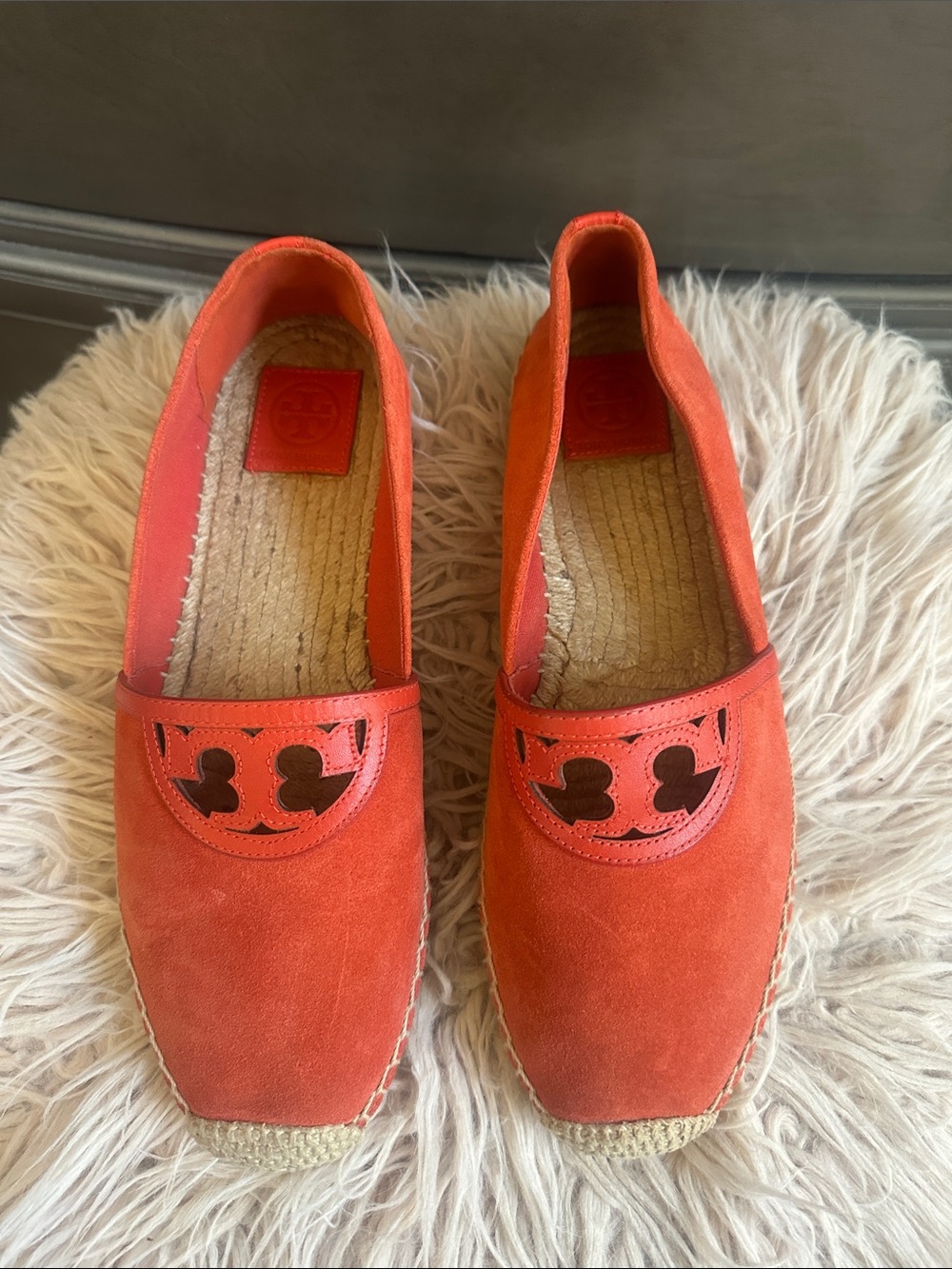Tory Burch Coral Suede Espadrilles with Logo Cutout
